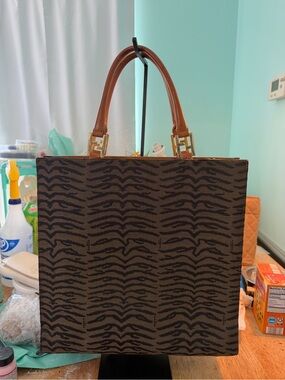 Fendi Brown and Black Zebra-Print Tote with Tan Leather Handles